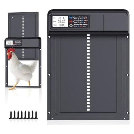Porte Poulailler Automatique Batterie avec Écran LCD Étanche, Porte Automatique Poulailler en Aluminium avec Minuterie, Fonction Anti-pincement, Avertissement de Batterie Faible