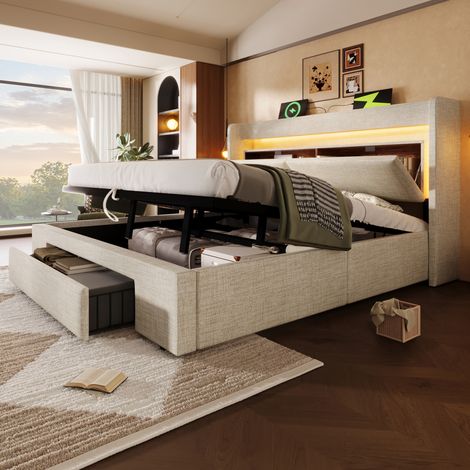 Bett Bettgestell Stauraum 140x200 LED Leinen Beige HAVRYA