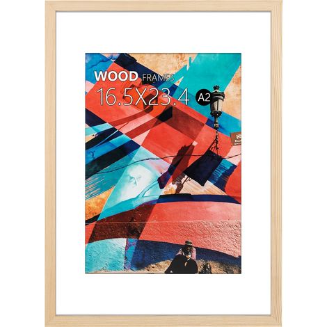 Cadre A2 pour affiche, 42 x 59,4 cm, Cadre photo en bois naturel avec verre acrylique poli, facile à accrocher, image A2 sans passe-partout ou A3 avec passe-partout pour montage mural (1/5)