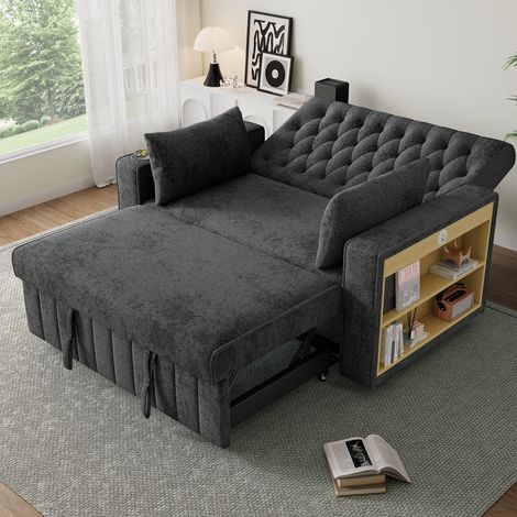 Canapé convertible 140x137x84 cm gris en chenille avec USB, rangement latéral et dossier réglable (1/5)