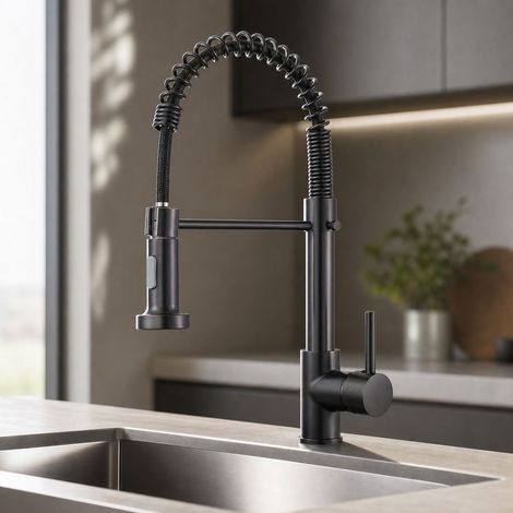 Robinet de cuisine extensible à ressort, mitigeur pivotant 360° en acier inoxydable avec douchette, eau chaude et froide, tuyaux inclus (1/5)