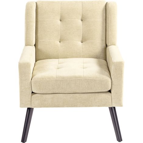 Sillón tapizado beige con capitoné, cojín de espuma de alta densidad y patas de madera (1/5)