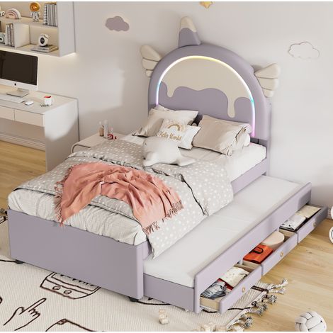 DESVIAE Lit enfant licorne 90 x 200 cm violet en PU et MDF avec lit gigogne et tiroirs (1/5)