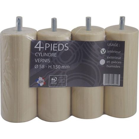 Juego de 4 patas cilíndricas para cama BAR PLUS de pino barnizado, 5,8 cm de diámetro x 15 cm de altura. AUTRES (1/3)