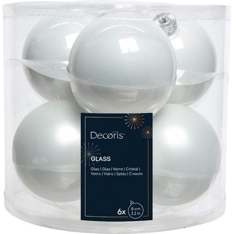 Set de 6 bolas decorativas de vidrio blanco nieve 8 cm (1/4)