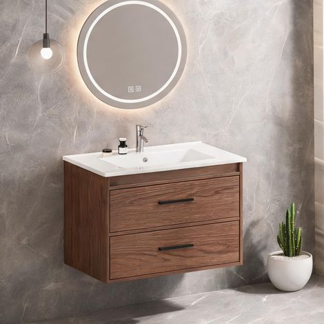 Meuble sous vasque 2 tiroirs en MDF bois massif noyer 75 cm (1/5)