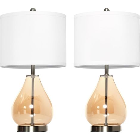 Set aus 2 Tischlampen mit Leinenschirmen, tropfenförmigem Glas, Nachttischlampen mit E27-Fassung, für Schlafzimmer und Wohnzimmer, weiß
