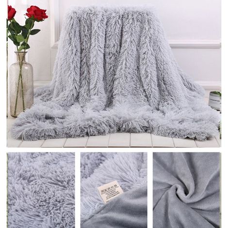 Couverture de Luxe en Fausse Fourrure à Poils Longs, 160x200cm,Douce, Confortable et Chaude pour lit, canapé et Chaise,Gris1 (1/5)