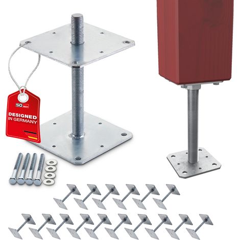 SOTECH Pfostenbeschlag Stützträger Gewinde M24 Stahl feuerverzinkt höhenverstellbar zum Aufschrauben, witterungsbeständig, 160 x 160 x 250 mm - 16 Stück