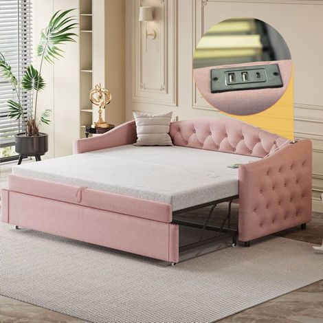 Canapé‑lit capitonné 90x200 cm rose en lin, sommier à lattes, port USB, sans matelas, charge 300 kg (1/5)