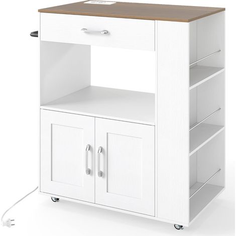 Carrello da cucina mobile 75 x 46 x 90,5 cm con contenitore integrato e stazione di ricarica in legno lavorato bianco 200019178