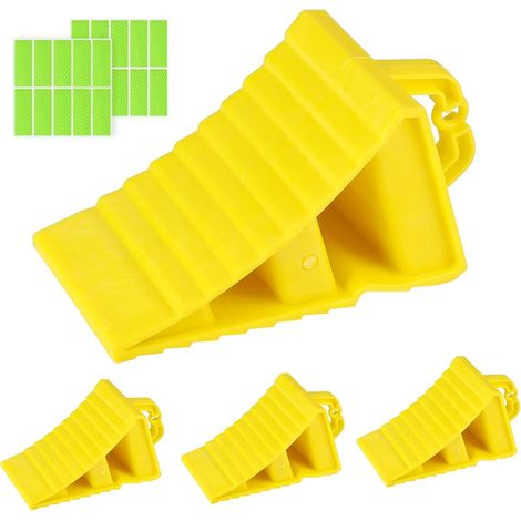 4 Pièces Jaune Cales de Roue en PE Plastique 190x107x107mm, avec Poignée et 20 Autocollants Réfléchissants, Antidérapant, Cale pour Voiture Remorque Caravane Camping-Car (1/5)