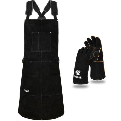 1 - Tablier de Soudure - Cuir de Vachette - Résistant à la Chaleur avec 6 Poches et Bretelles Réglables pour Atelier et Jardinage Noir M-XXXL (1/5)