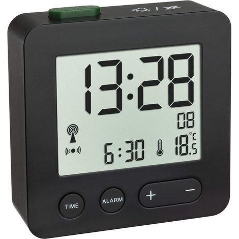Réveil numérique,  avec Horloge Radio-pilotée, fuseaux horaires réglables, réveil température et écran Lumineux, Noir