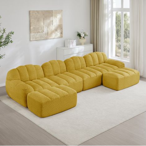 Sofá modular de forro polar granulado amarillo, 2 a 4 plazas, composición en U o L con otomanas (1/5)