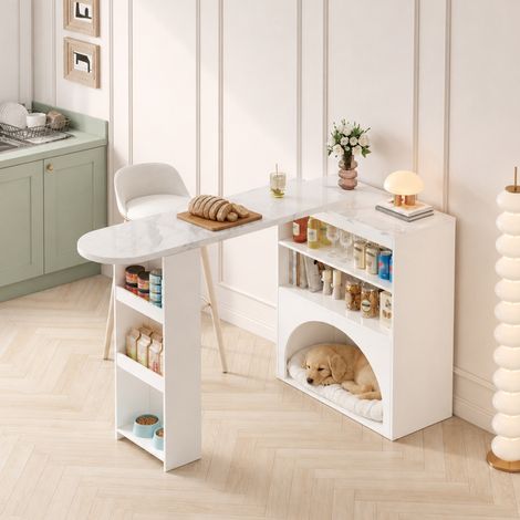 Table de bar extensible avec rangement - Extensible 120(+80)×40×100 cm - Plateau effet marbre - Blanc - MDF (1/5)