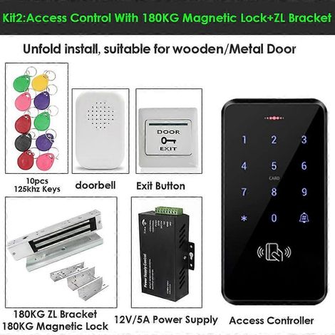 Kit de contrôle d'accès étanche 125 kHz avec clavier tactile RFID et serrure électromagnétique WG 26/34, 3 000 utilisateurs, incluant le kit d'alimentation Access Power Kit 2. (1/5)