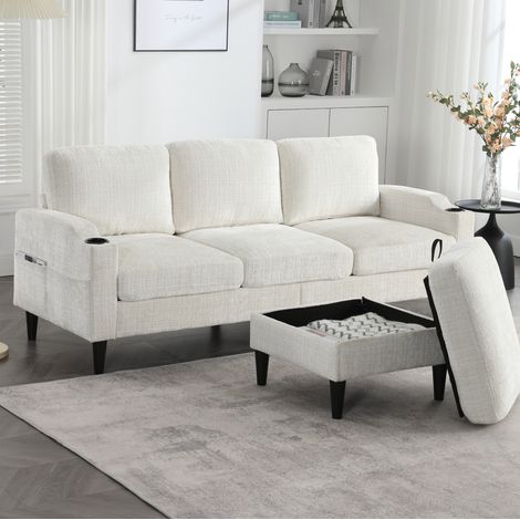 4-Sitzer-Sofa (196.5 x 75 x 77 cm), mit Hocker und Stauraum, Getränkehaltern, Seitentaschen, Chenille, Beige (1/5)
