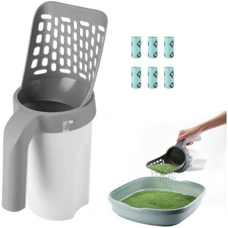 Pelle à litière pour chat, pelle à litière en plastique 2 en 1, pelle à litière pour chat avec support, livrée avec 6 rouleaux de sacs poubelles, poubelle portable pour chat, pelle à litière pour chat (1/5)