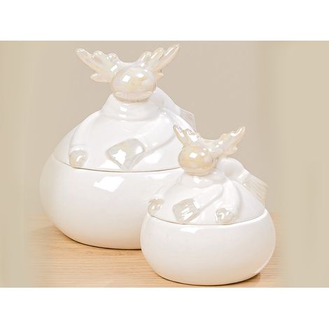 Set di 2 contenitori in ceramica Alexus, scatole decorative a forma di renna, per Natale.