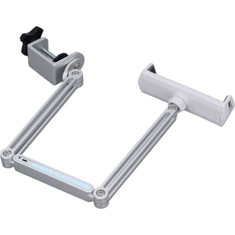 Support de téléphone de lit en métal avec pince, rotation à 360°, pliable, bras long et éclairage réglable pour téléphone et tablette (argenté). (1/5)