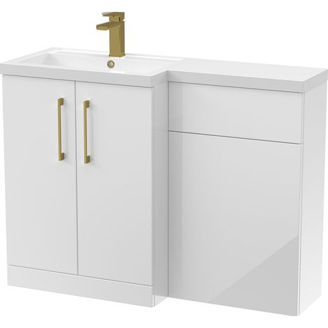Balterley Left-Hand Bathroom Vanity and WC Unit Combination with Basin - 1100mm - Gloss White with Brushed Brass Handles