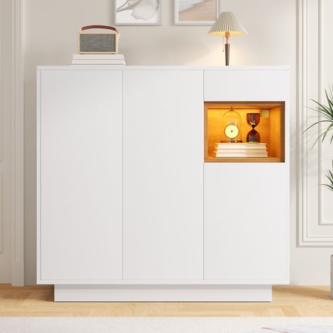 Mueble para zapatos, 105 x 39,5 x 100,5 cm, moderno, con 1 compartimento con luz LED, estantes ajustables, para recibidor, dormitorio, blanco