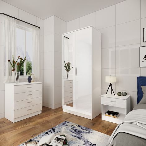 ELEGANT White Wardrobe for Bedroom Storage Furniture High Gloss Soft Close 3 Piece Sets 2 Doors Wardrobe with Mirror + 4 Drawer Chest of Drawers and Beside Cabinet (1/5)