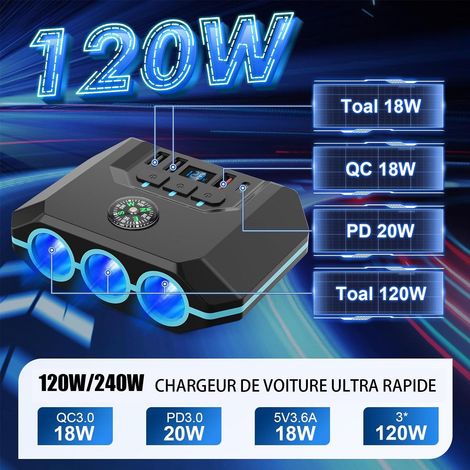 Caricabatterie per auto USB C 7 in 1, caricabatteria per auto multipresa da 120 W a 4 porte, presa per caricabatteria per auto 12 V/24 V, caricabatteria per auto USB con display a LED per tablet, tele (1/4)