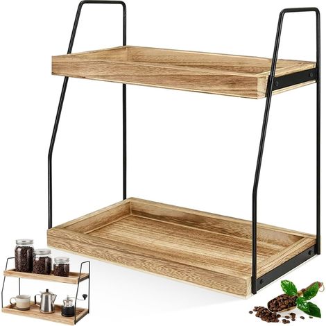 2 Niveaux Etagere Cuisine en Bois avec Support Métal, Étagère à Epices pour Comptoir Verticale, Rangement Plan de Travail Bar à Café, Organisateur Salle de Bain pour Maison, Bureau, Plateau de Vanité (1/5)