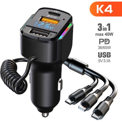 New 3-in-1 Spring Fast Charging Cable Car Charger PD Dual USB Car Charger Multifunctional Car Charger K4 -- K4-Black (1/3)
