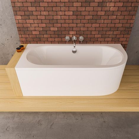 ECOLAM Baignoire de coin Avita 160x75 cm gauche  Ideale pour deux personnes  Tablier en acrylique + pieds + siphon et silicone  Set complet  Acrylique blanc (1/5)
