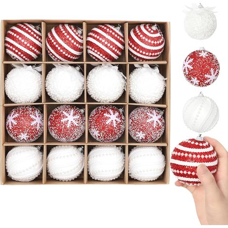 16 Weihnachtskugeln zum Aufhängen, 80 mm, glitzernd, rot-weiß, für Weihnachten, Silvester, Geburtstag, Hauspartys, rot-weiß (1/5)