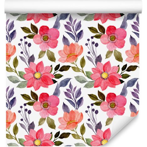 Papier peint fleuri corail, blanc et gris clair pour salon et chambre 50x1000 cm (1/5)