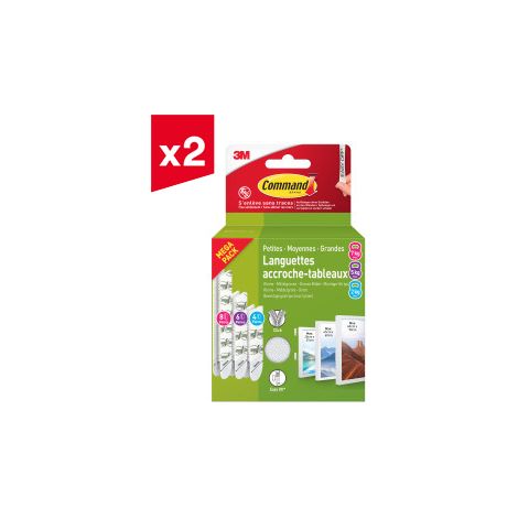 Command™ lot de 2 languettes accroche tableaux, multi-pack (8 x petites, 6 x moyennes, 4 x grandes, blanches, par multi pack) - Facile à appliquer sans clou, sans vis ni outil