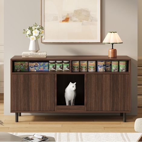 Katzenstreukasten Schrank 120x50x66 cm, mit Doppeltüren und Sandfangmatte, mit Ablagefächern, MDF, walnussfarben (1/5)