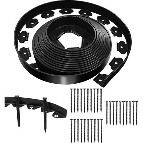 Bordure de pelouse flexible noire 10 m x 5 cm avec 30 clous de fixation, bordure de jardin extérieure en plastique, bordure de jardin en rouleau (1/4)