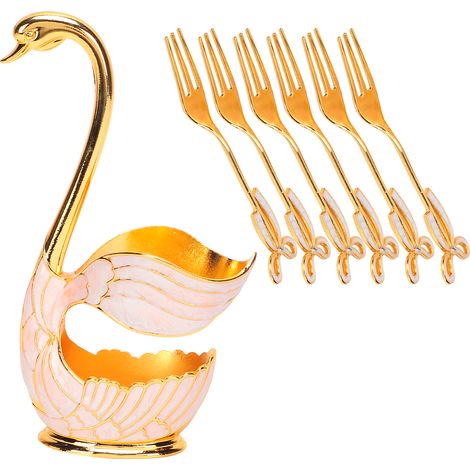 Geschirrsets für Kaffee, Obst und Desserts, Löffel für den Haushalt mit Schwanenhalter-Dekoration (goldene weiße Gabel) (1/5)