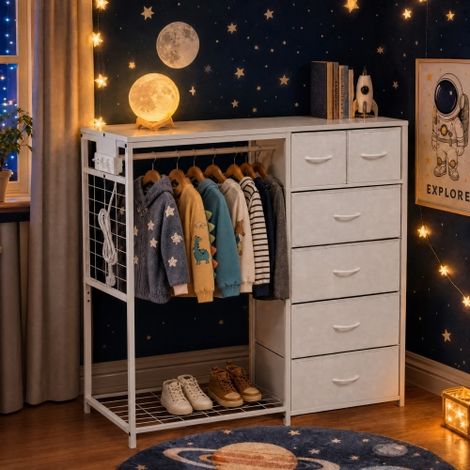 Armadio per bambini con 6 cassetti, asta appendiabiti e presa di corrente - Appendiabiti multifunzionale per camerette, bianco (1/5)