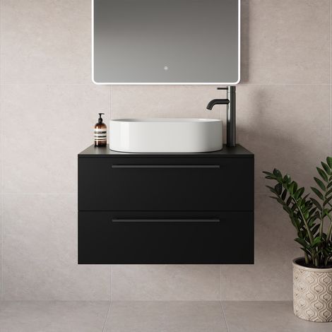Napoli 460 Matt Black 800mm Wall Mounted 2 Drawer Vanity Unit for Countertop Basins - 800mm - Gunmetal Grey 480mm Handle