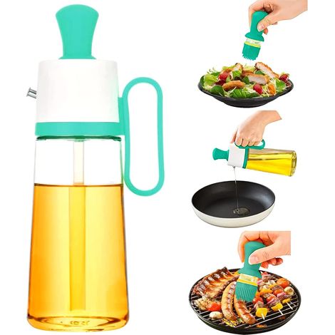 Botella para aceite de oliva con pincel, botella de vidrio para cocina, pico anti-goteo, dispensador de aceite de cocina, con escala de medición y boquilla vertedora, diseño 3 en 1.