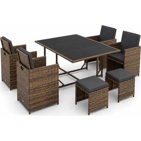Salottino Outdoor Da Giardino In Polyrattan Salvaspazio Con Tavolo Quattro Poltrone E Quattro Sgabelli A Scomparsa Con Cuscini E Ripiano In Vetro Arredo Esterno Elegante Marrone E Nero