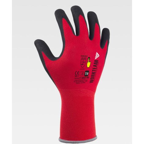 Guantes de 15 galgas, con soporte de poliamida y recubrimiento de nitrilo microporoso WORKTEAM G5021 7 Rojo / Negro