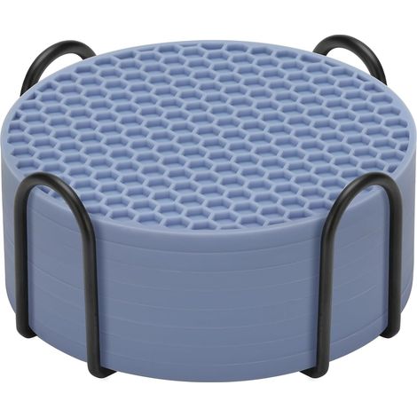 8-teiliges blaues Silikon-Untersetzer-Set mit Ständer, rutschfester, auslaufsicherer Getränkematte (1/4)