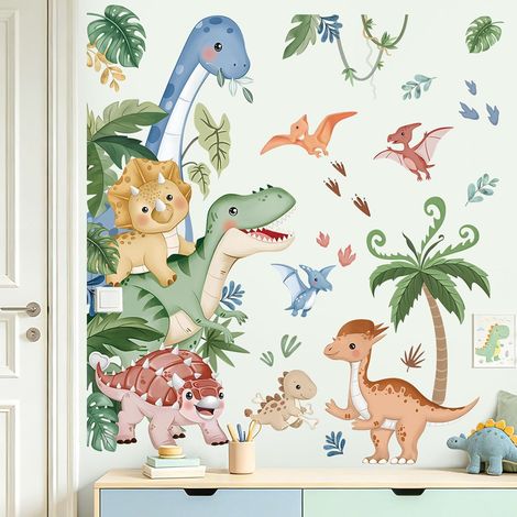 Stickers Muraux Dinosaure Boho Autocollants Muraux Dino Palmier (1/5)