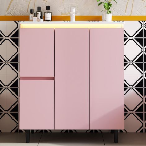 Meuble salle de bain rose avec vasque céramique - éclairage LED détecteur, meuble sous vasque sur pieds moderne - 76x47x89cm (1/5)