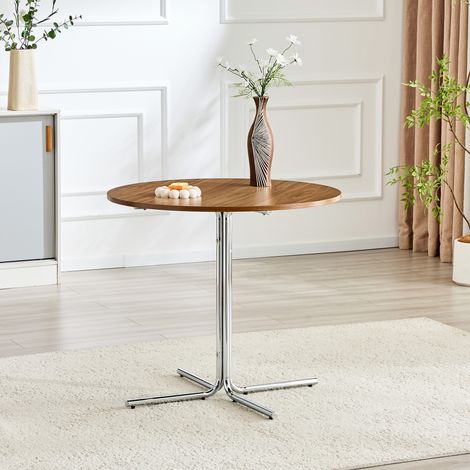 Table d'appoint ronde et moderne, table basse avec plateau en MDF noyer et piètement en métal chromé à 3 pieds, table d'appoint stable pour salon, salle à manger, balcon et bureau, design minimaliste (1/4)