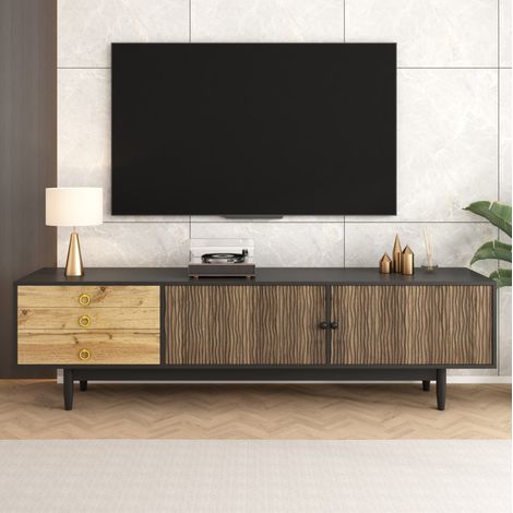 Mueble para TV de MDF y tablero de partículas negro y natural 180x38x50 cm, 2 puertas, 3 cajones y patas de madera maciza (1/5)