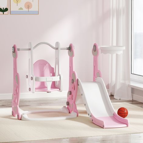 4 en 1 Parque Infantil Interior para +18 Meses Conjunto con Trepador y Canasta con Temática de Cohete Rosa y Blanco (1/5)