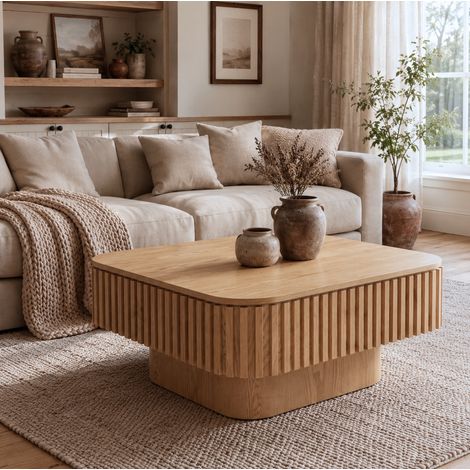 Tavolino da caffè 82x25x82 cm, con contenitore nascosto, piano ribaltabile, legno massello e MDF, naturale (1/5)